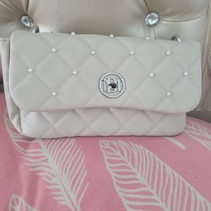 Badgley Mischka Round letter lock crossbody bag with pearls